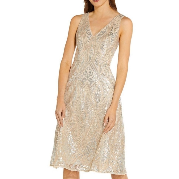 NWT ADRIANNA PAPELL | Sequined Midi Cocktail Dress - Picture 4 of 5